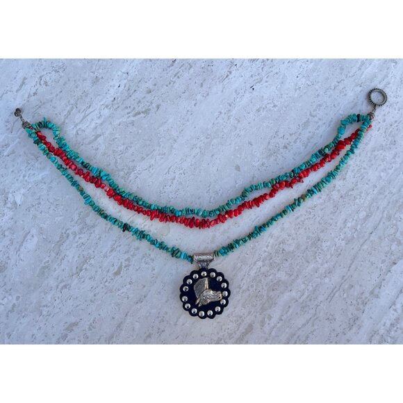 Turquoise & Vintage Coral Beaded Necklace Trigg Leather Horse Equestrian pendant - Picture 8 of 12